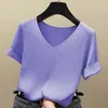 Silk Tops Mulheres T-Shirt Camisas De Malha Solta Decote V Preto Tees Manga Curta Moda Primavera Verão Camisa Fina Fundo 13539 210417