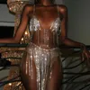 Sexy See Through Deep V Strass Women Two Piece Set Cover Up Bikini Scava fuori Diamanti Crop Top Crystal Nappa Mini gonne 210407