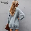 Drop Shoulder Button Gray Knitted Sweater Dresses Women Turtleneck Long Sleeve Casual Ladies Winter Mini Dress 210510