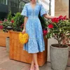 Shengpalae Sexy Lace Woman DR2021 Zomer V-hals Korte Mouw Boho Maxi Jurken Party Club Vestido Blauw Wit ZA3830 X0621