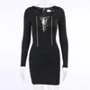 Sexy V Neck Rhinestone Chains Bandage Black Dress Lady Long Sleeve Slim Fitness Party Club Bodycon Women Vestidos Casual Dresses