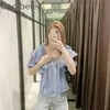 Sommer Bluse Rüschen Kurzarm Crop Tops Weibliche Elastische Off Schulter Casual Square Neck Lose Plaid Bluse 210604