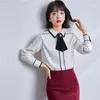Kore İpek Kadın Gömlek Saten Bluz Papyon S Kadın Ofis Bayan Için Bayan Üstleri Artı Boyutu Gömlek 210427