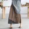 Johnature Autumn Women Plaid Linen Asymmetrical Skirt Leisure All-match Loose Comfortable Plus Size 2 Colors Skirt 210521