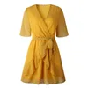 Summer Dress Boho Style Ruffle Bow Dress Fashion Short Sleeve V-neck Polka Dot A-line Elegant Party Dress Sundress Vestidos 210521