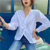 İlkbahar Sonbahar kadın Bluz Retro Fransız Tarzı Katı Renk V Yaka Uzun Kollu Üst Gevşek İnce ve İnce Kadın Tops GX361 210507