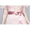 Summer Women Pink Lace Dress Short Sleeve Sexy V-Neck Tie Up Bow Vacation Holiday Clothes 210520