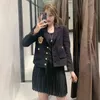 Femmes Angleterre Style Badge Patch Veste En Laine Noir Manteau Vintyage Office Lady Unique Poitrine Poche Veste Chic Femme Outwear 210521