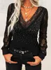 봄과 가을 여성의 캐주얼 섹시한 v- 넥 셔츠 레이스 긴 소매 t- 프린트 슬림 탑 플러스 220226