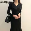 Chic French Light-Cooked Temperament V-Neck Pleated Long Mermaid Dress Slim Empire Waist Slit Långärmad Trumpet Klänning Kvinna 210610