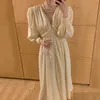 Women Apricot Shirring Long Pleated Dress V-neck Three Quarter Puff Sleeve Loose Fit Fashion Robe Summer 210510