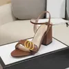 Classic High heeled sandals party fashion 100% leather women Dance shoe designer sexy heels Suede Lady Metal Belt buckle Thick Heel Woman shoes Large size 35-42 With box