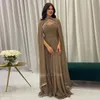 Dubai Brown Arabic Moroccan Kaftan Evening Dress with Cape Long Sleeve Crystal Muslim Formal Dresses Women Party Gowns