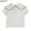 Women Sweet Peter Pan Collar Patchwork Knitting Casual Slim T-shirt Female Chic Short Sleeve Summer Tops LS9208 210420