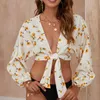 Maillots de bain pour femmes Mode manches bouffantes imprimé floral dames bandage plage cardigan sexy femme manches longues col en v profond crop tops maillots de bain biq