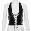 Kvinnors Tankar Camis Sexy Bandage Ladies Crop Top Solid Kvinnor PU Läder Hollow Out Halter Tank Tops Club Wear Vest