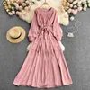 Vintage Fioletowy / żółty / Czarny Długa Dress Kobiety Elegancki Okrągły Neck Rękaw Puff Sleeve High Waist A-Line Maxi Vestidos Kobieta Wiosna Jesień Y0603