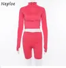 NEPLOE Fluorescence Two Piece Set Summer Zipper Turtleneck Toppar och High Waist Shorts Set 2 Piece Set Kvinnor Outfits 1e320 210423