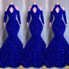 2023 Avondjurken Sexy Royal Blue Velvet Bling Crystal Pargins Lange mouwen Mermaid Mermaid Hoge nek Keygat Promjurken Off Schouder Women Formele kleding