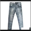 Mens Clothing Apparel Drop Delivery 2021 Italian Style Fashion Light Blue Destroyed Patchwork Ripped Jeans Men Elastic Denim Pants Slim Fit H