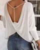 Wiosna Jesień Damska Bez Backless Top Nowy Femme Solid Zroszony Pasek Backless Twisted Bluzka Biuro Damska Elegancka Koszula 210415