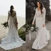 Hippie Boho Beach Elopement Baklösa Bröllopsklänning Chiffon Seaside Långärmad Stor Storlek Photoshoot V Neck Lace Bridal Gown