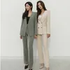 Vår och Höst Kvinnors Office Suit V-Neck Green Two-Piece Sets Kvinnor Blazer Girly Elegant Temperament Pantsuit Setup Ladies 210727
