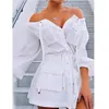 Przypadkowa biała bawełniana sukienka kieszenie kobiety Off Ramię Długi rękaw Wiosna Lato Krótki przycisk Up Kobieta Punk 210427