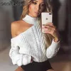 Aonobeier White Halter Off Shoulder Sweater Women Turtleneck Autumn Winter Long Sleeve Pullover Casual Loose Jumper 210604