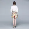 women designer style two pieces set horse chain printed animal floral blouse shirt lady mini skirt office casual clothing 210421