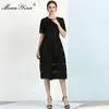 Fashion Designer Dress Summer Women's dress Short sleeve Stripe Lace Embroidery Ruched Slim Elegant Dresses 210524