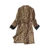 Leopard Print Women 3 Pcs Set Lace Sexy Ice Silk Summer Shorts Ladies Satin Homewear Pajama Suits Robes Night Wear for Female Q0706