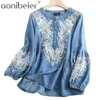 Floral Bordado Denim Blusa Mulheres Verão Outono Casual O Pescoço Luz Macio Azul Tops S Mujer 210604