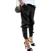 ソリッドカラーのバックルストラップロングハーレムパンツカジュアル女性ルーズズボン弾性ウエスト長パンツ女性のカプリパンツ