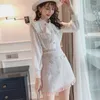 Small Fragrance Spring Woolen Two Piece Set Women Chiffon Pearls Button Bow Tie Shirt Blouse Tweed Mini Skirts Sets 2pcs Suit 210514