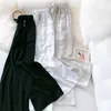 SURMIITRO été coton lin mode longue jambe large pantalon femmes Style coréen noir blanc taille haute pantalon femme 210712