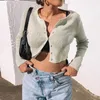 2019 herbst Winter frauen Stricken Schlanke Dame Langarm Taste Crop Top Hemd Strickjacke Outwear Streetwear X0726