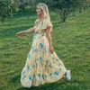 Foridol Ruffle Puff Sleeve Floral Print Dress for Women Vintage Summer Maxi Long Dress Yellow Boho A-line Beach Hooliday Dress 210415