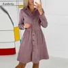 Vintage Warm Corduroy Long Sleeve Single-Breasted Shirts Dress Women Autumn Elegant V Neck Loose Party Dress A-Line Loose Dress Y1006