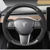 Interior DIY 3D Black Carbon Fiber&Black Suede Leather Steering Wheel Hand Sewing Wrap Cover Fit For Tesla model 3 2017-2020