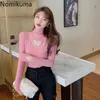 Nomikuma T Shirt Kvinnor Pearl Design Kärlek Hjärtmönster Turtleneck Långärmad Grundläggande Beskuren Toppar Koreansk stil Tshirts Kvinna 210514