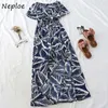 Neploe Verão Novo Vestido Coreano Slash Pescoço De Manga Curta Ruffle Split Vestidos Longos Temperamento Cintura Slim Impresso Vestidos 210423