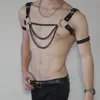 Bras Zestawy Męskie Moda Noc Partii Clubwear Ciała Body Ramię Pas Chest O-Pierścień PU Skórzana Uprząż Gay Mężczyzna Punk Gothic Metal Chain Halter