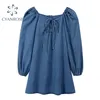 Blue Denim Crop Dress Summer Square Collar Lace-Up Retro Mini Vestidos Femminile Puff manica lunga elegante Party Club Abiti 210515