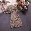 Korobov Yaz Chic Tatlı Baskı Elbise Vintage V Boyun Puf Kısa Kollu Elbiseler Yaz Yüksek Bel A-Line Kore Vestidos 210430