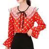 Women Tops Chiffon Shirts Autumn Double-layer collar Long sleeve Blouses Bow Fashion 871C7 210420