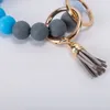 Party Supplies 9styles tassels wood bead keychain Silicone Beads Bracelet Leather key ring Food grade silicon Wrist Keychains Pendant Euramerican T2I52003