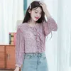 Ruche Lace-up Chiffon Shirt Dames Blouse Lange Mouw Herfst Koreaanse V-hals Floral Print Blusas 952A 210420