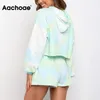 Aachoae Fashion Tie Dye 2 Piece Set Women Batwing Sleeve Loose Hooded Croped Tops Casual Drawstring Shorts Lady Sets Ropa Mujer 210413
