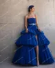 Elegant Royal Blue Tulle Dresses Strapless 2021 In Designer Extra Puffy Slit Dressing Gowns Women Party Wear Casual